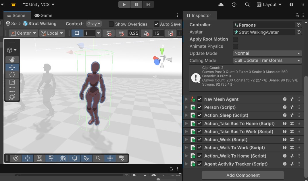Unity Inspector showing Agent activity and state components